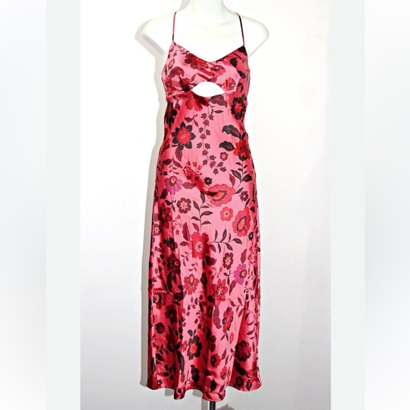 🏷️ NWT House of Harlow 1960 Pink Satin Floral Cut Out Midi Slip Dress - Picture 6 of 15